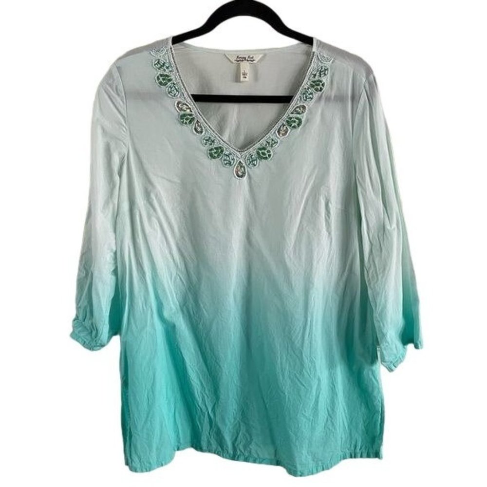 Krazy Kat Sz Lg Teal Ombré Tunic Top, Beaded Neckline